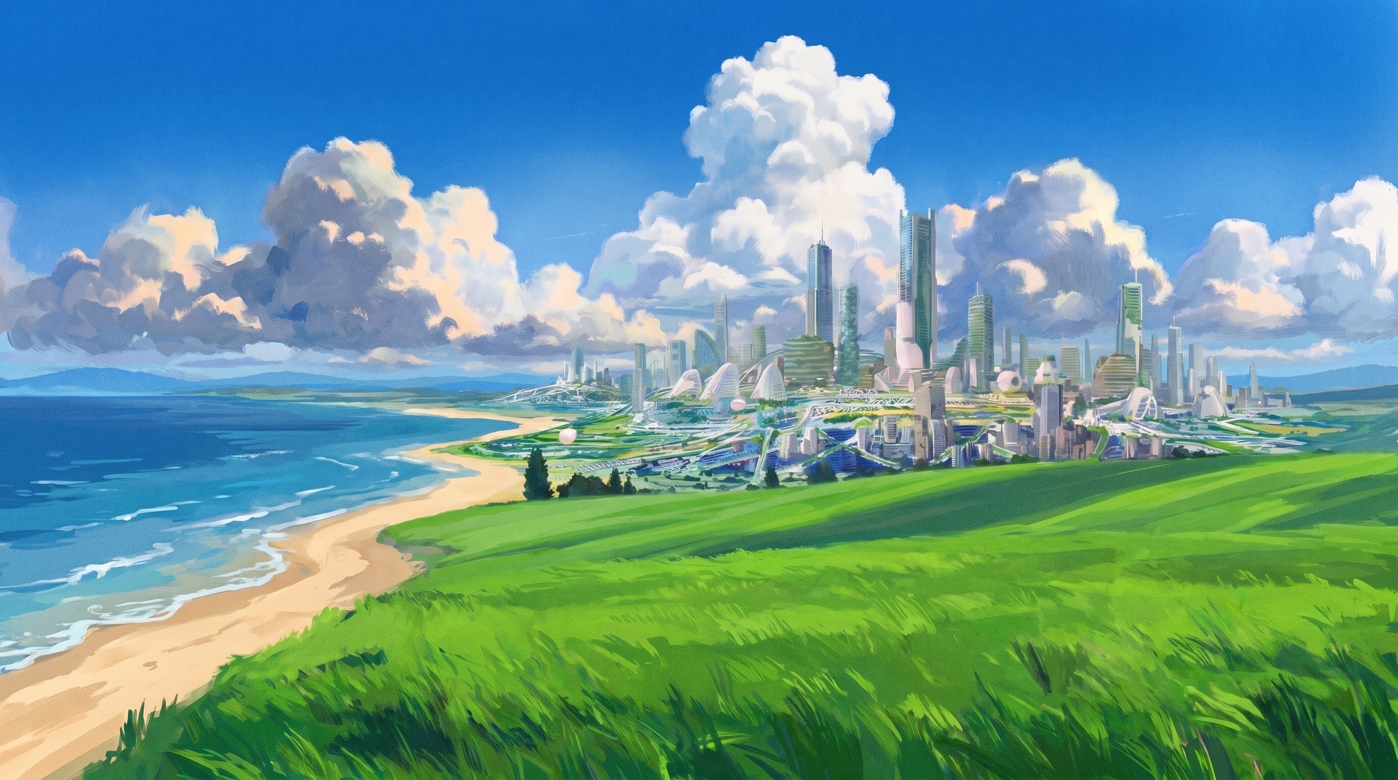 A glimmering coastal city rising beyond green fields and a blue Pacific shore