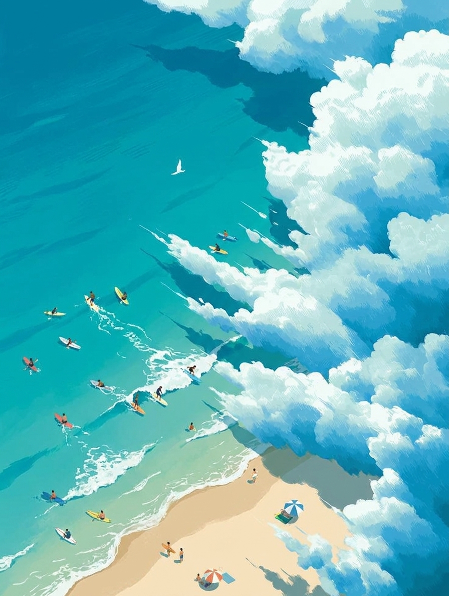 A quiet Pacific beach where green land meets the ocean